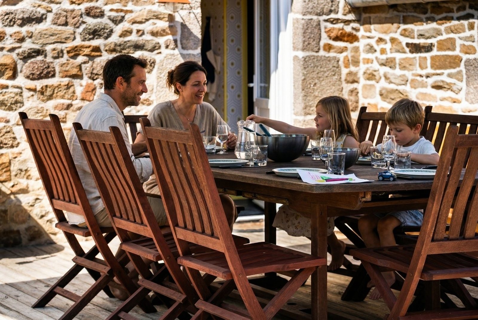 Famille en vacances partageant un repas en terrasse devant une maison en pierre du Cotentin, gérée par TheGoodBnb